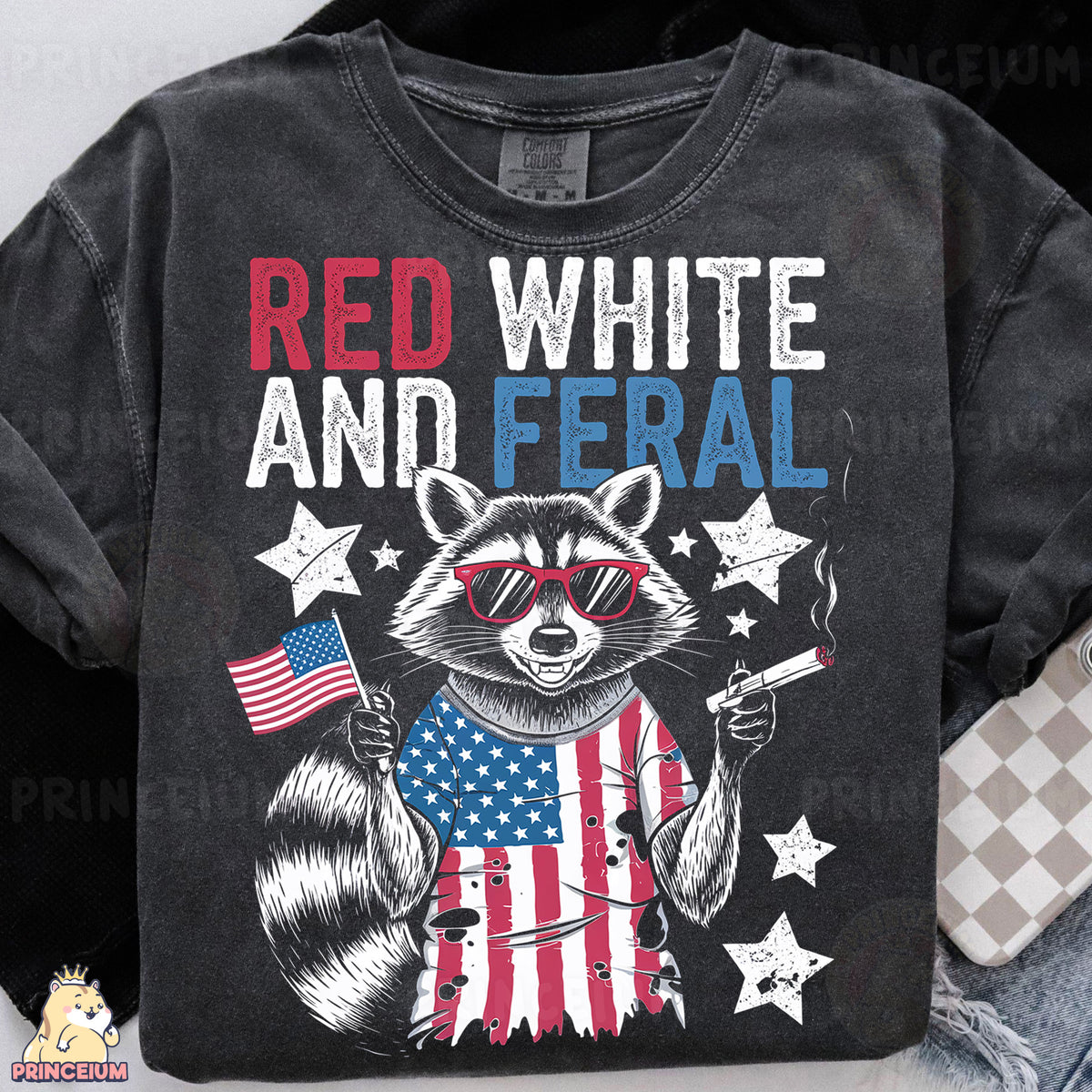 a shirt with a raccoon wearing glasses and holding an american flag