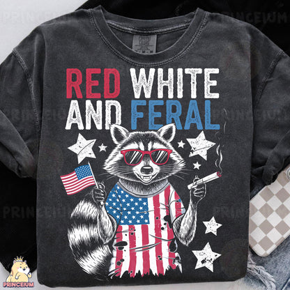 a shirt with a raccoon wearing glasses and holding an american flag