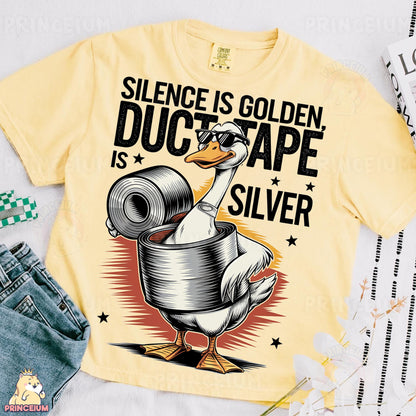 a t - shirt with a duck holding a roll of duct tape