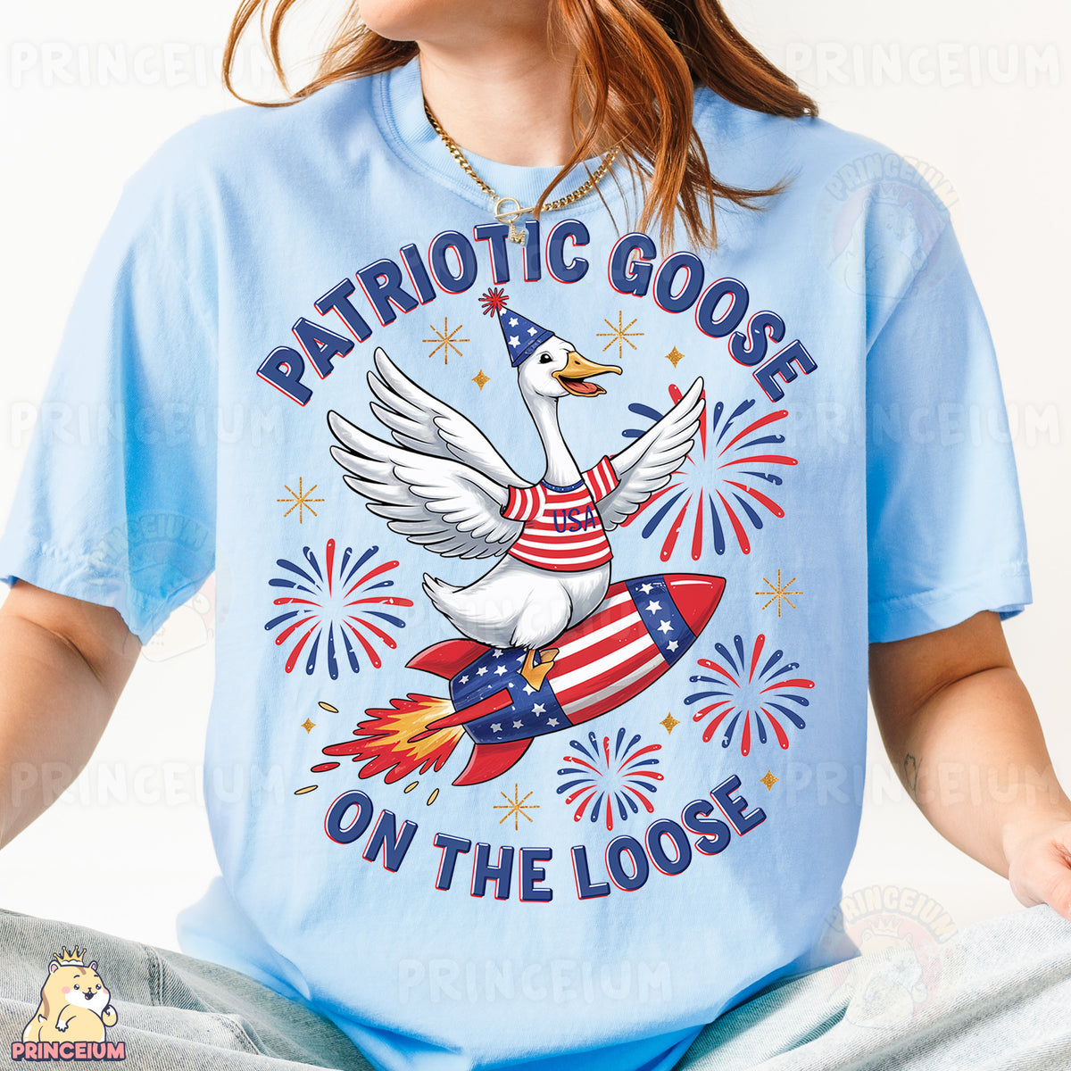 a woman wearing a patriotic goose on the loose t - shirt