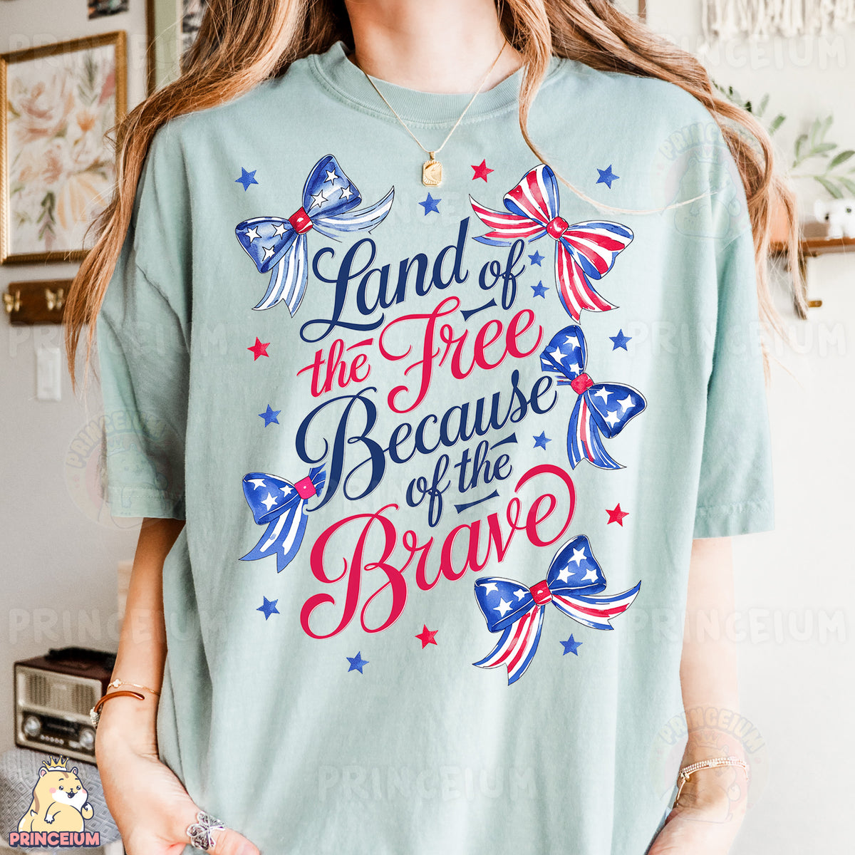 a woman wearing a t - shirt that says land of the free because of the