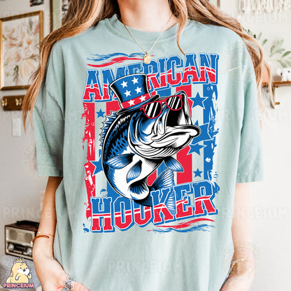 a woman wearing an american fish hunter t - shirt