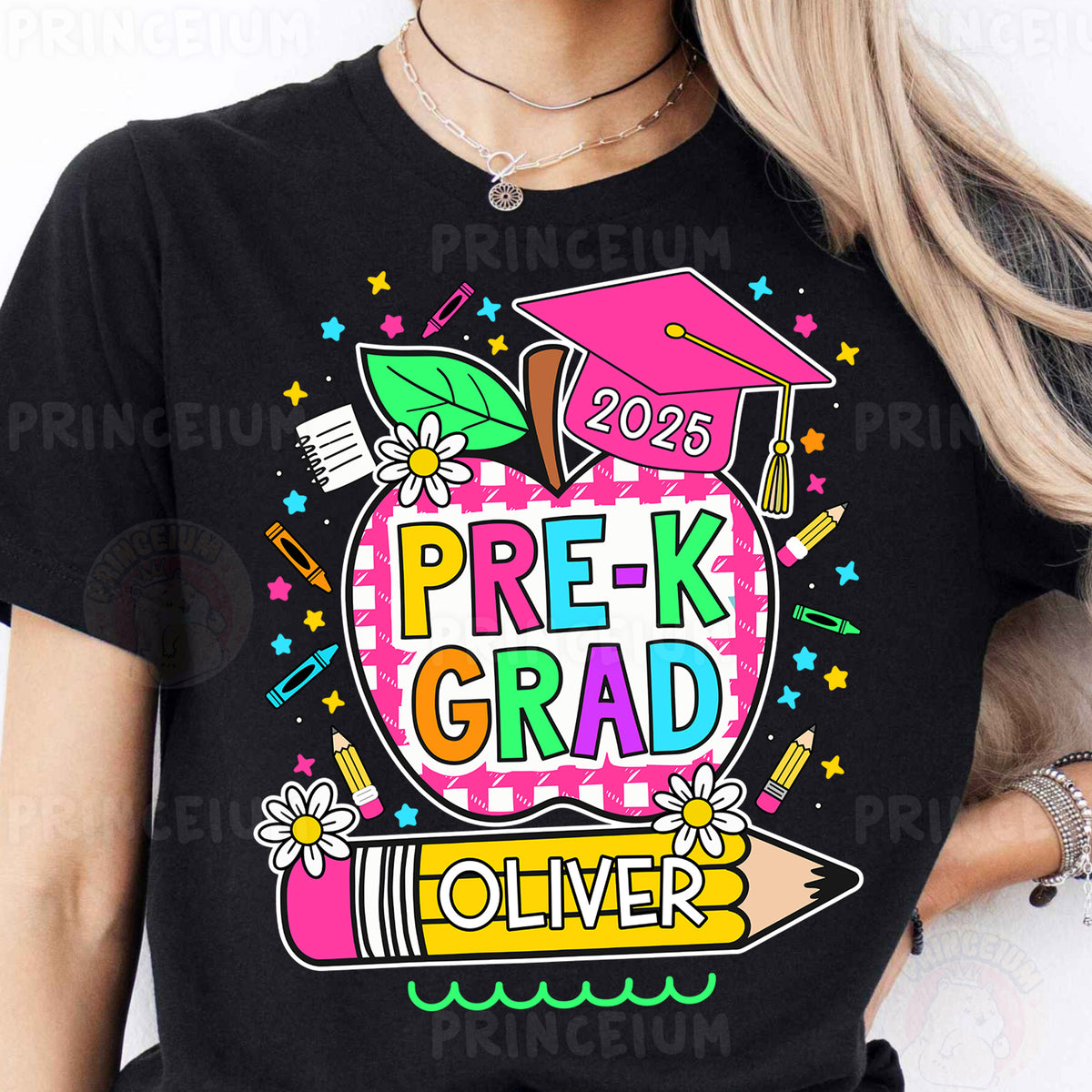a woman wearing a black t - shirt with the words prek grad on