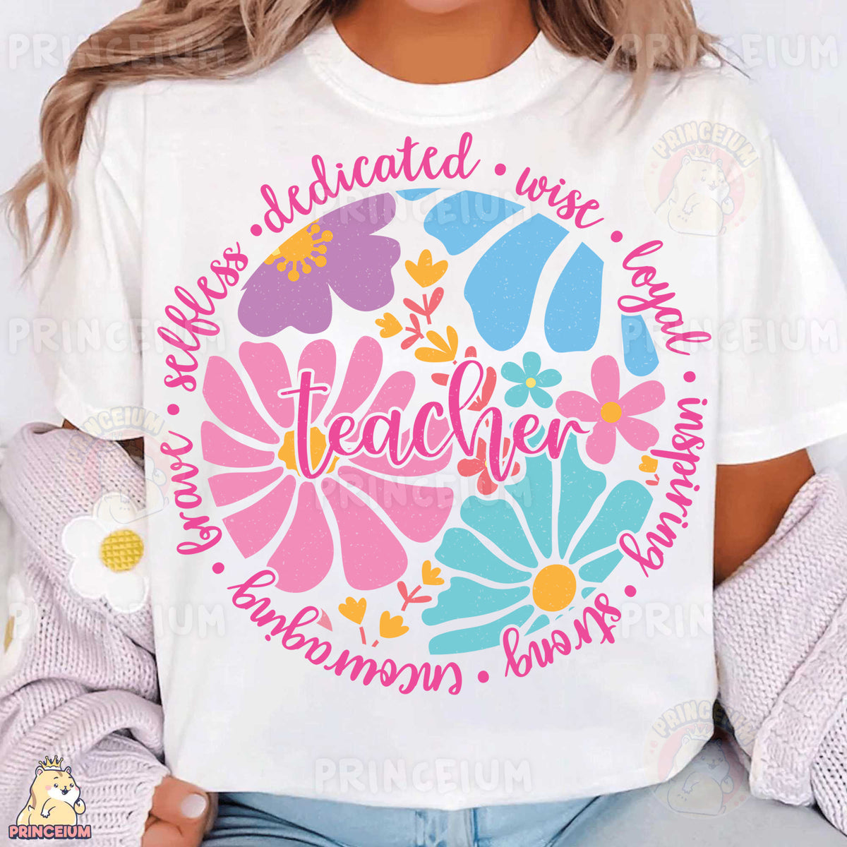 a woman wearing a white t - shirt with colorful flowers on it