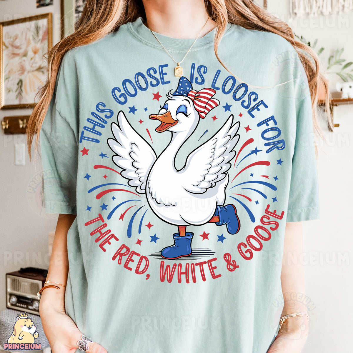 a woman wearing a goose is loose t - shirt