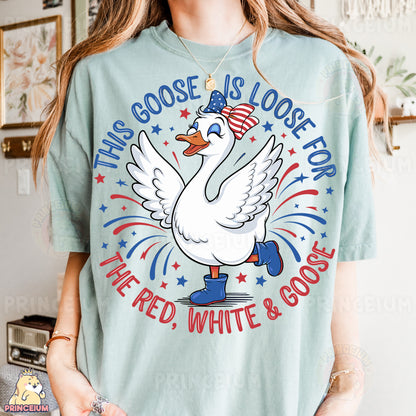 a woman wearing a goose is loose t - shirt