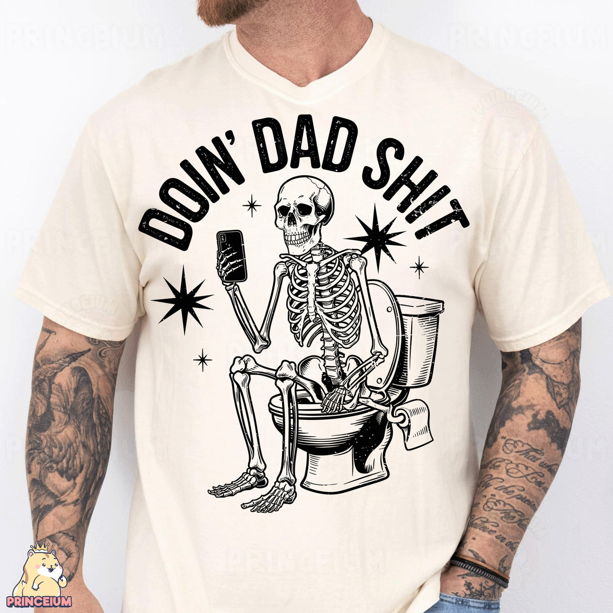 a man wearing a white shirt with a skeleton sitting on a toilet