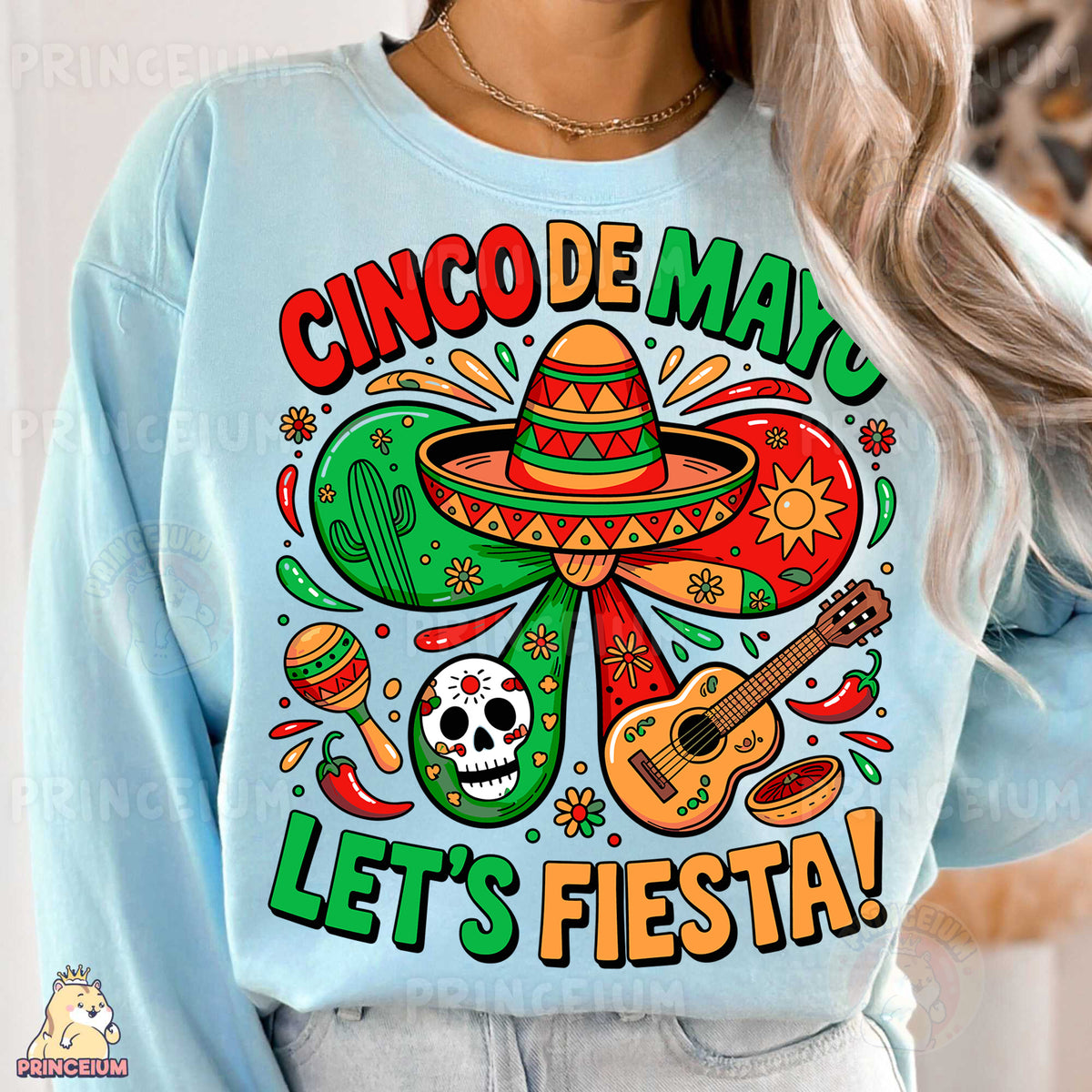 a woman wearing a cinco de mayo let's fiesta shirt