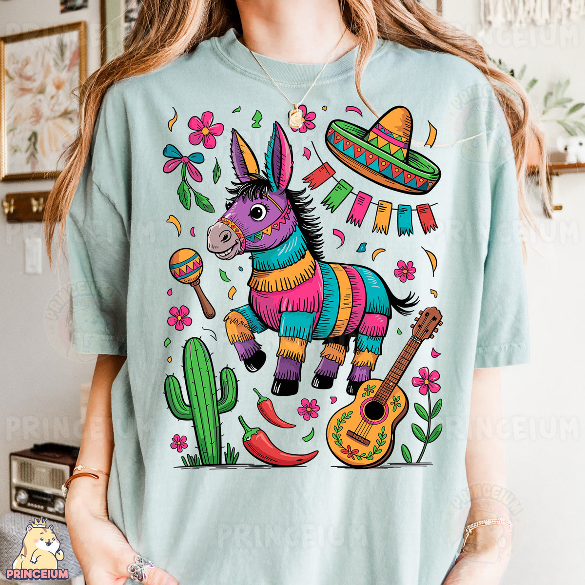 a woman wearing a t - shirt with a mexican donkey on it