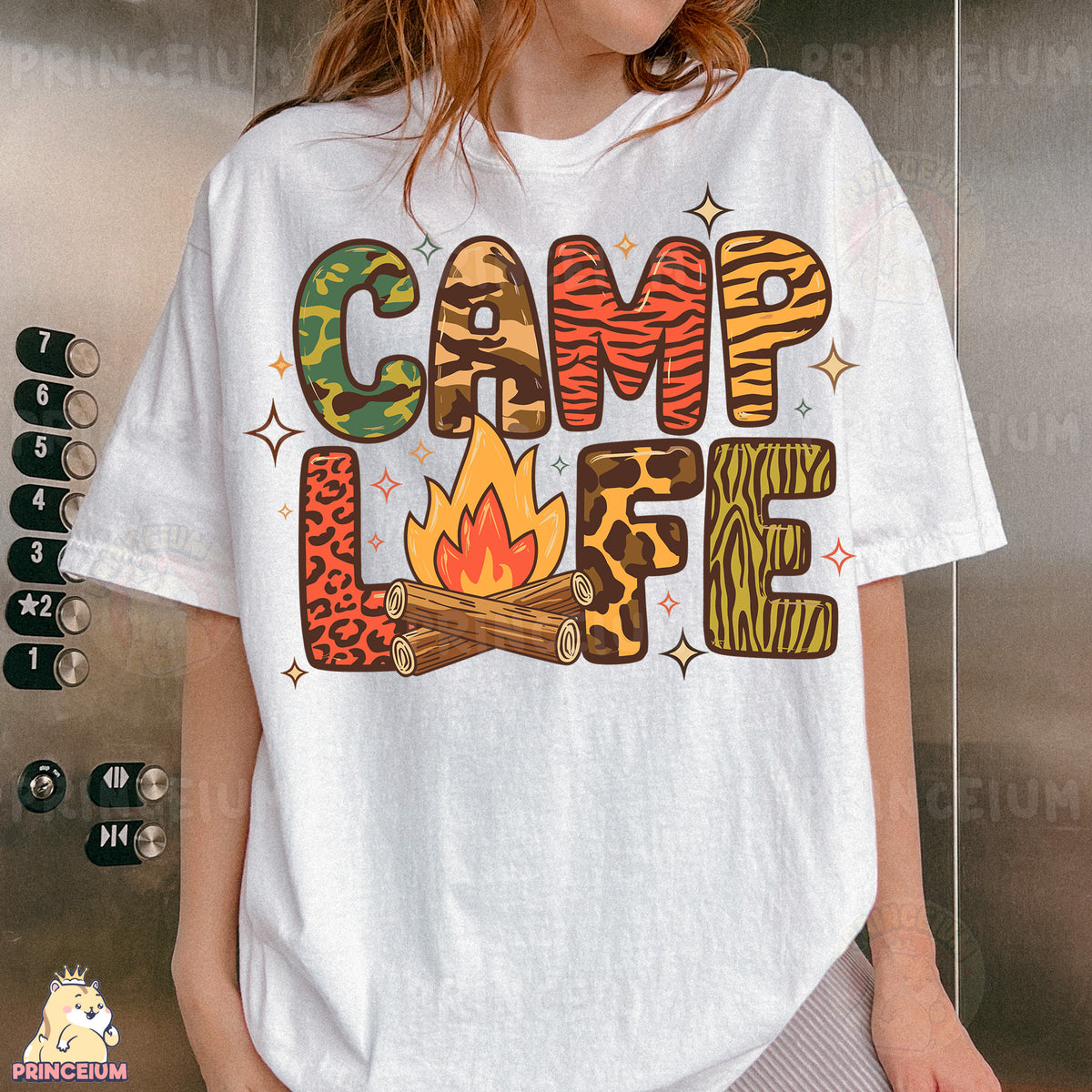 a woman wearing a t - shirt that says camp life