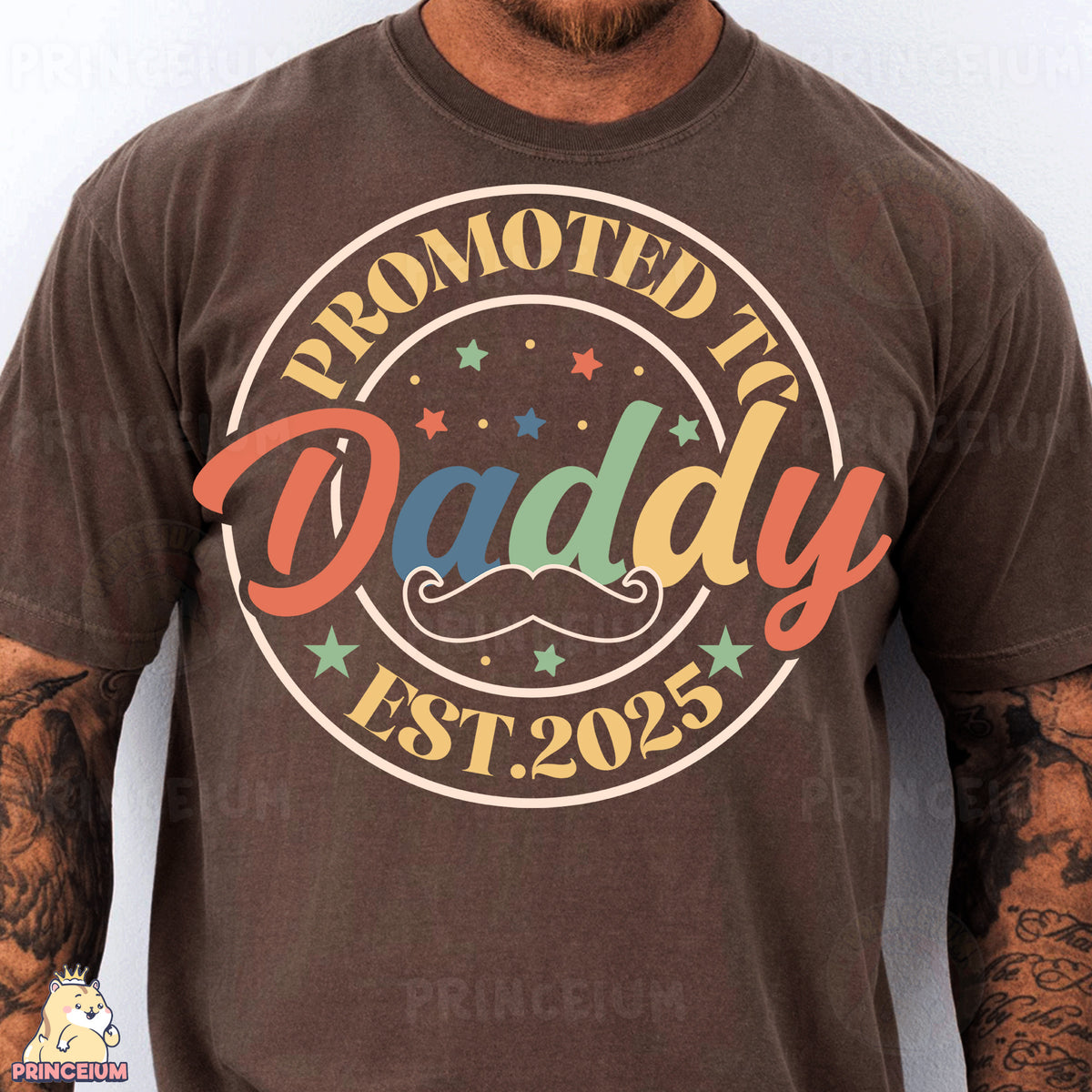 a man wearing a brown shirt with a mustache and stars on it