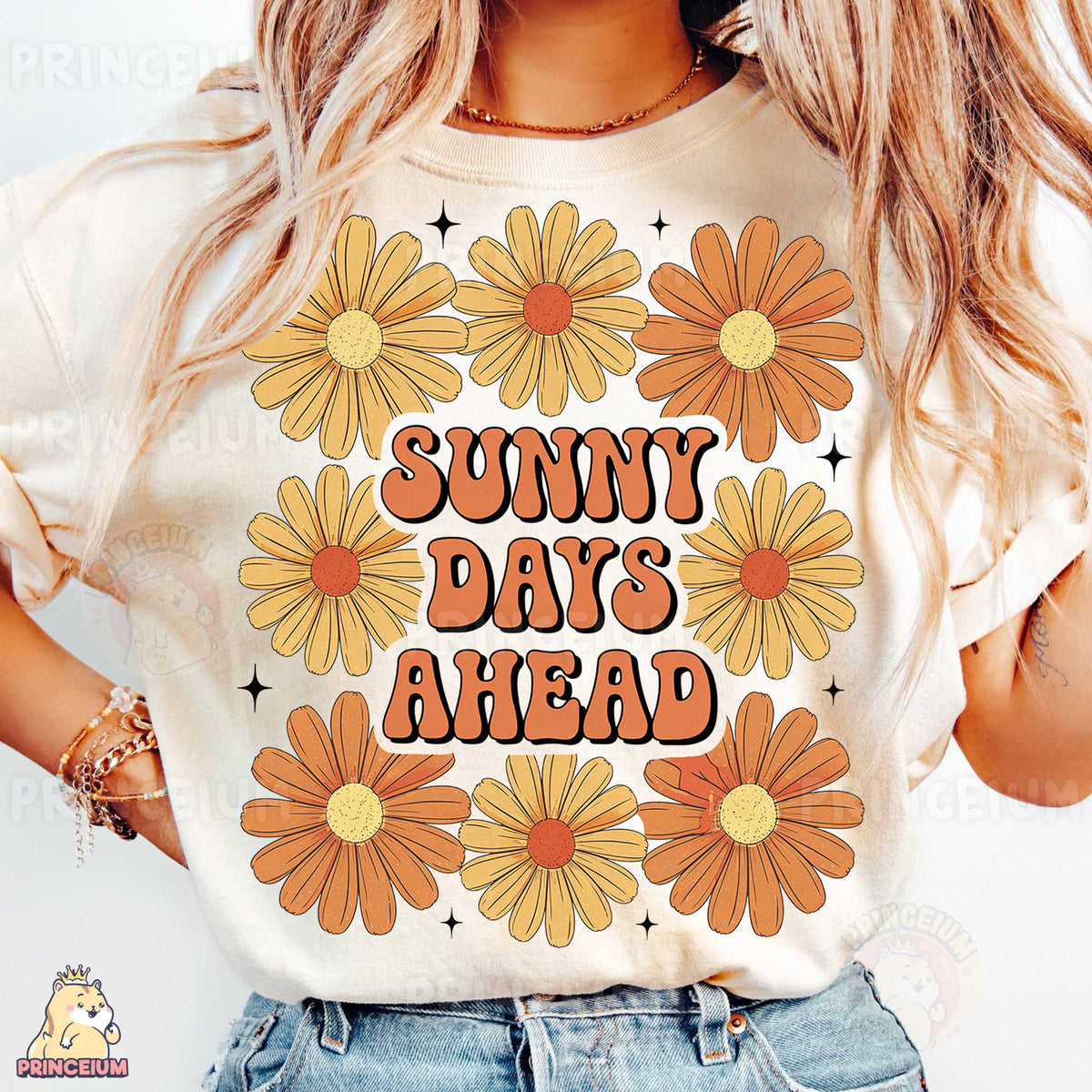 a woman wearing a t - shirt that says sunny days ahead