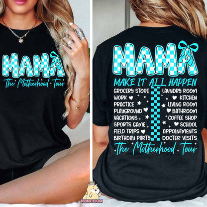 a woman wearing a black shirt with the words mama on it