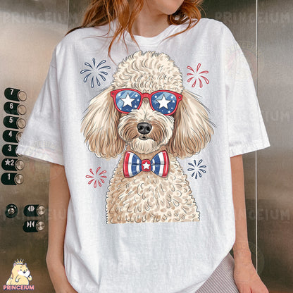 a woman wearing a t - shirt with a dog wearing sunglasses