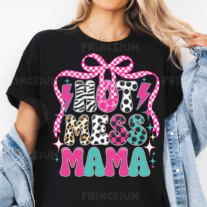 a woman wearing a black tshirt with a pink bow