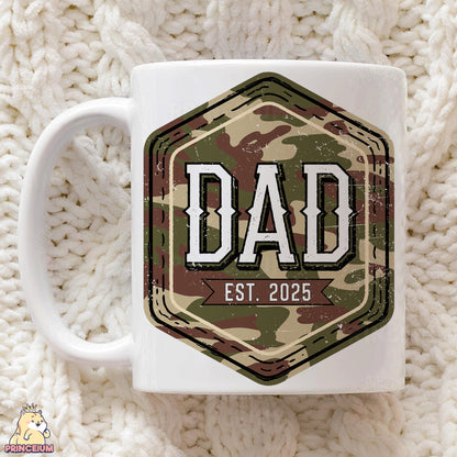a coffee mug with the word dad printed on it