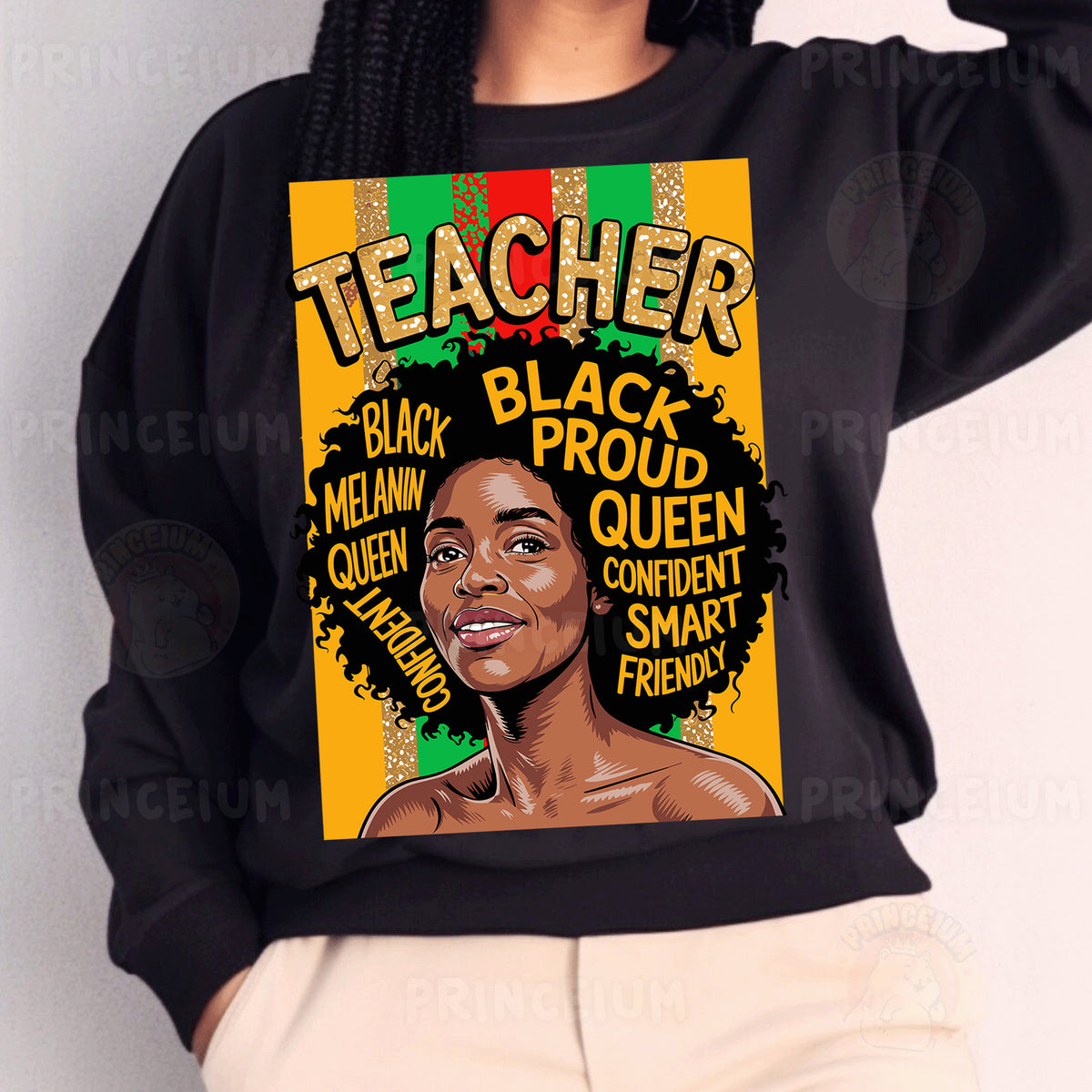 a woman wearing a black sweatshirt with a black woman's face on it