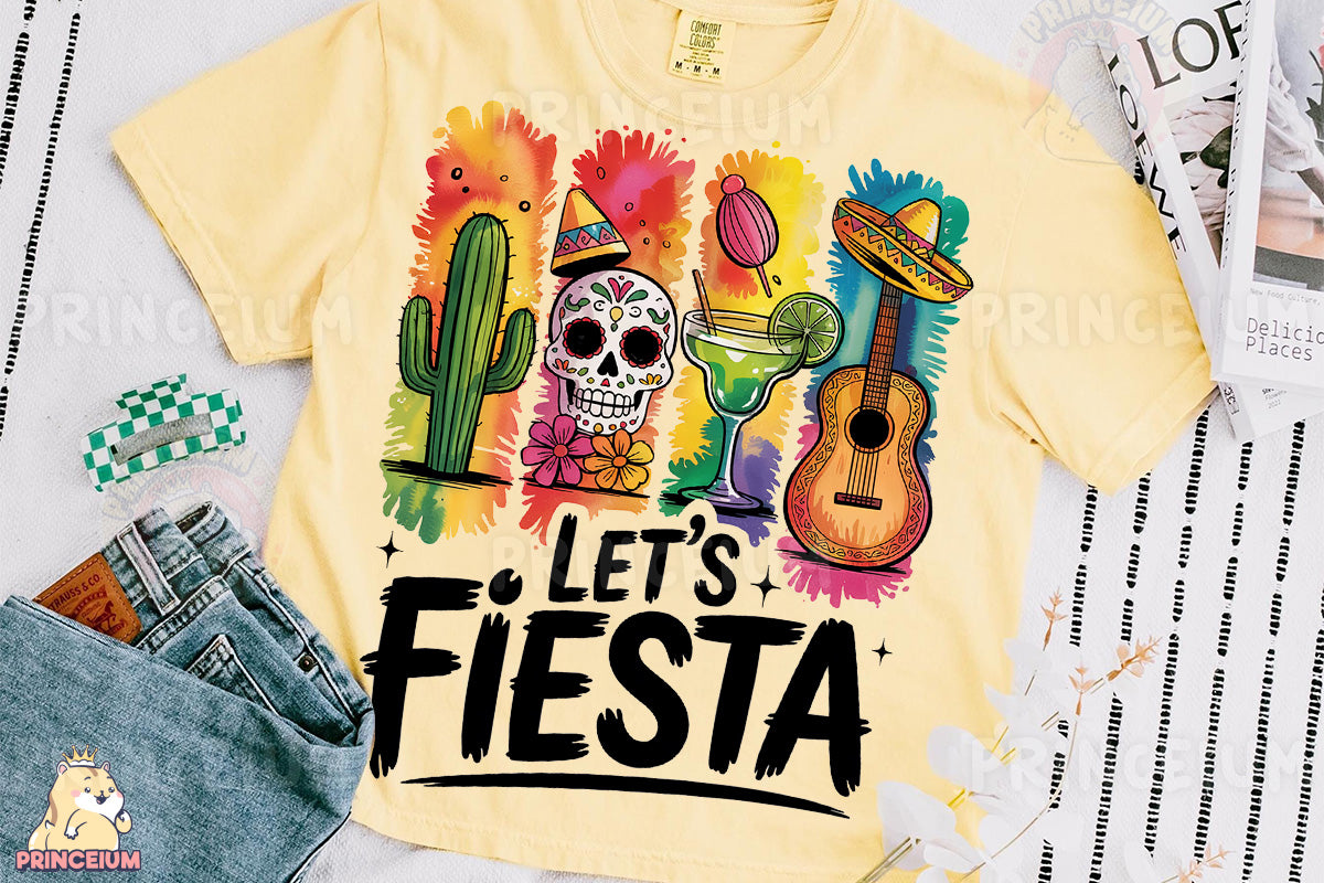 a t - shirt that says let's fiesta next to a pair of jeans