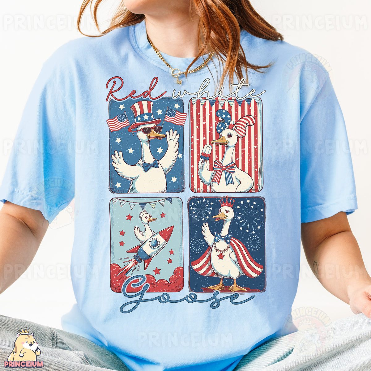a woman wearing a red, white, and blue t - shirt