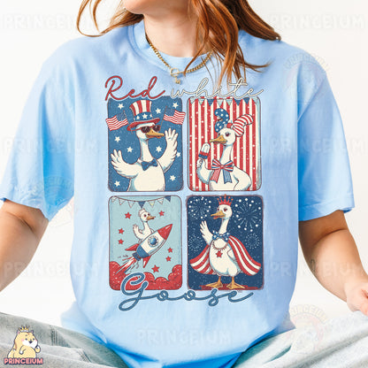 a woman wearing a red, white, and blue t - shirt