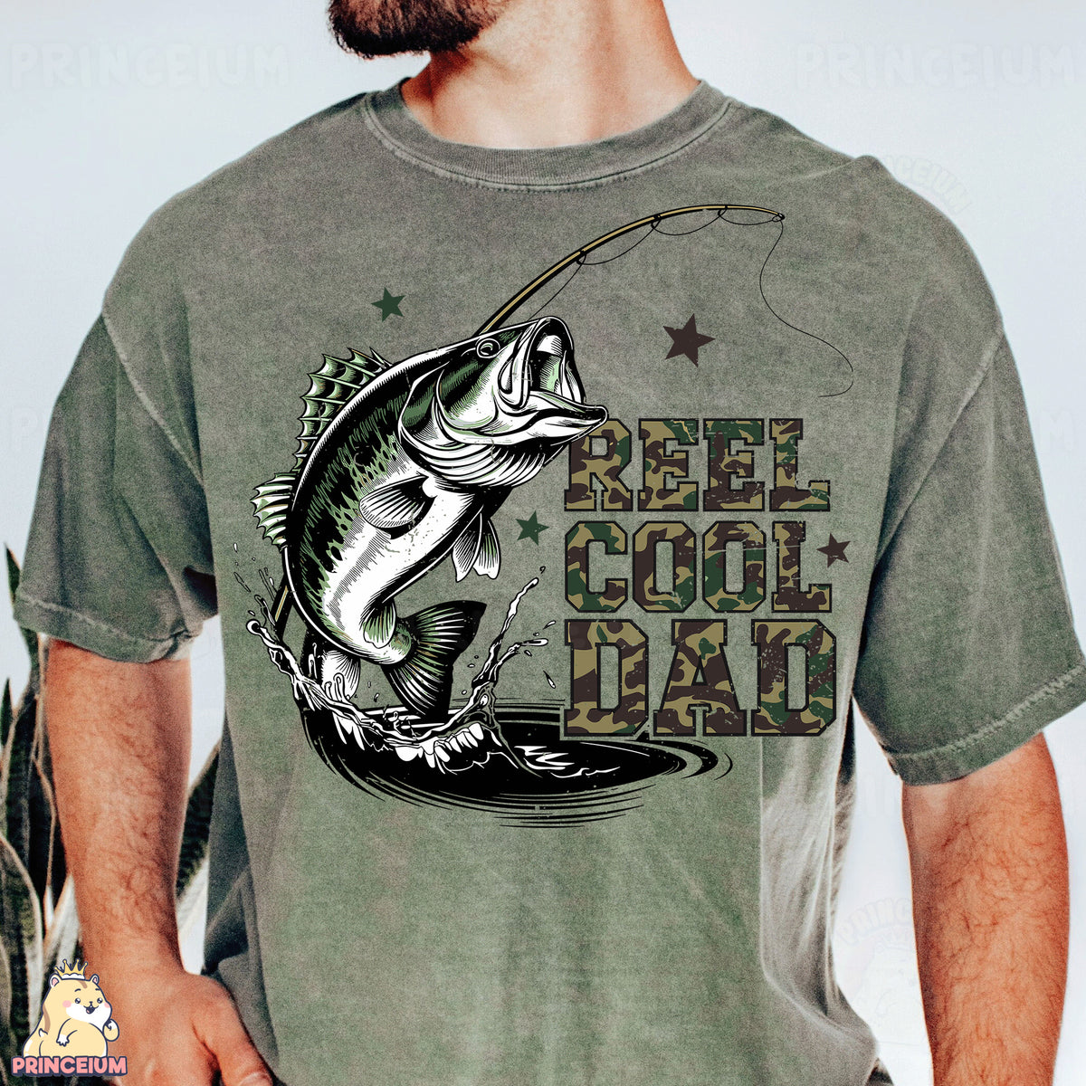 a man holding a fishing rod while wearing a t - shirt