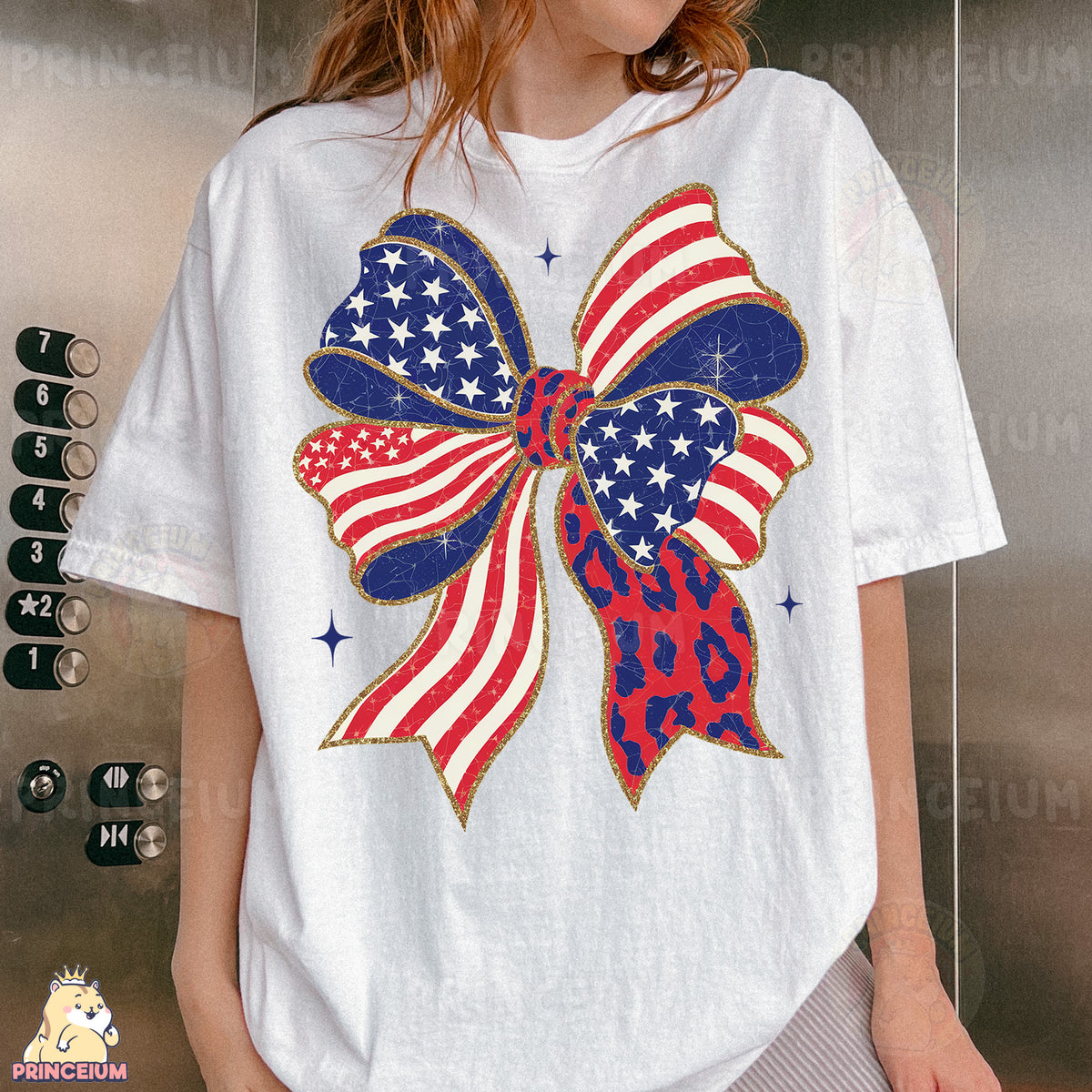 a woman wearing a white shirt with a red, white and blue bow on it