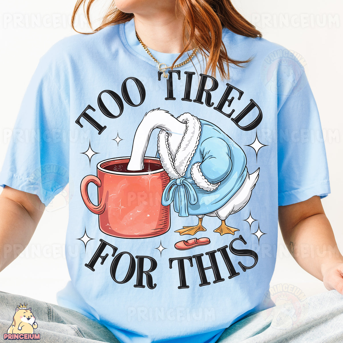 a woman wearing a t - shirt that says too tired for this