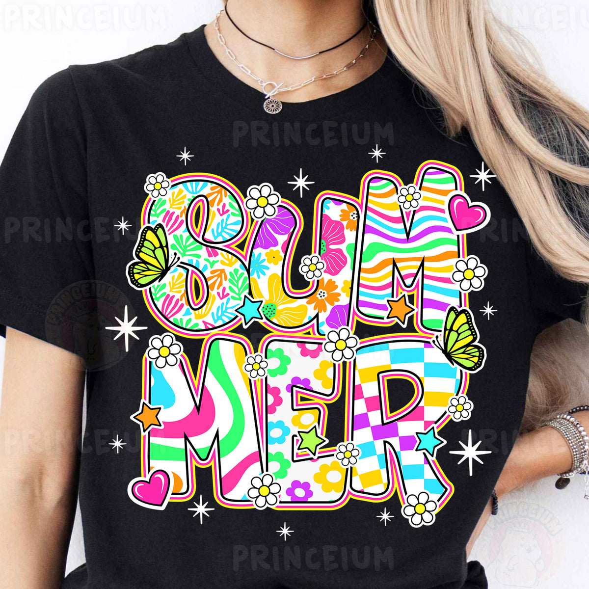 a woman wearing a black shirt with the word love in multicolored letters
