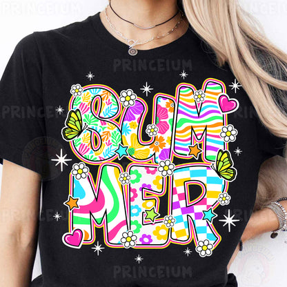 a woman wearing a black shirt with the word love in multicolored letters