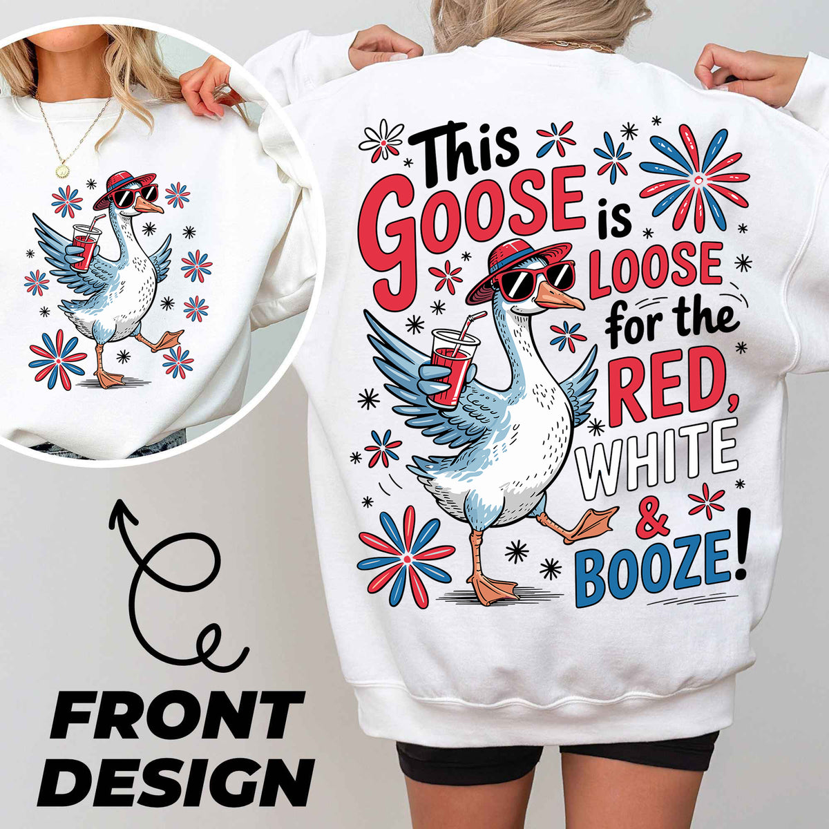 a woman wearing a white sweatshirt with a goose on it