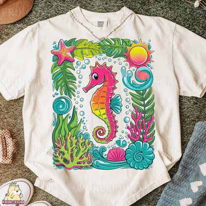 a t - shirt with a picture of a sea horse on it