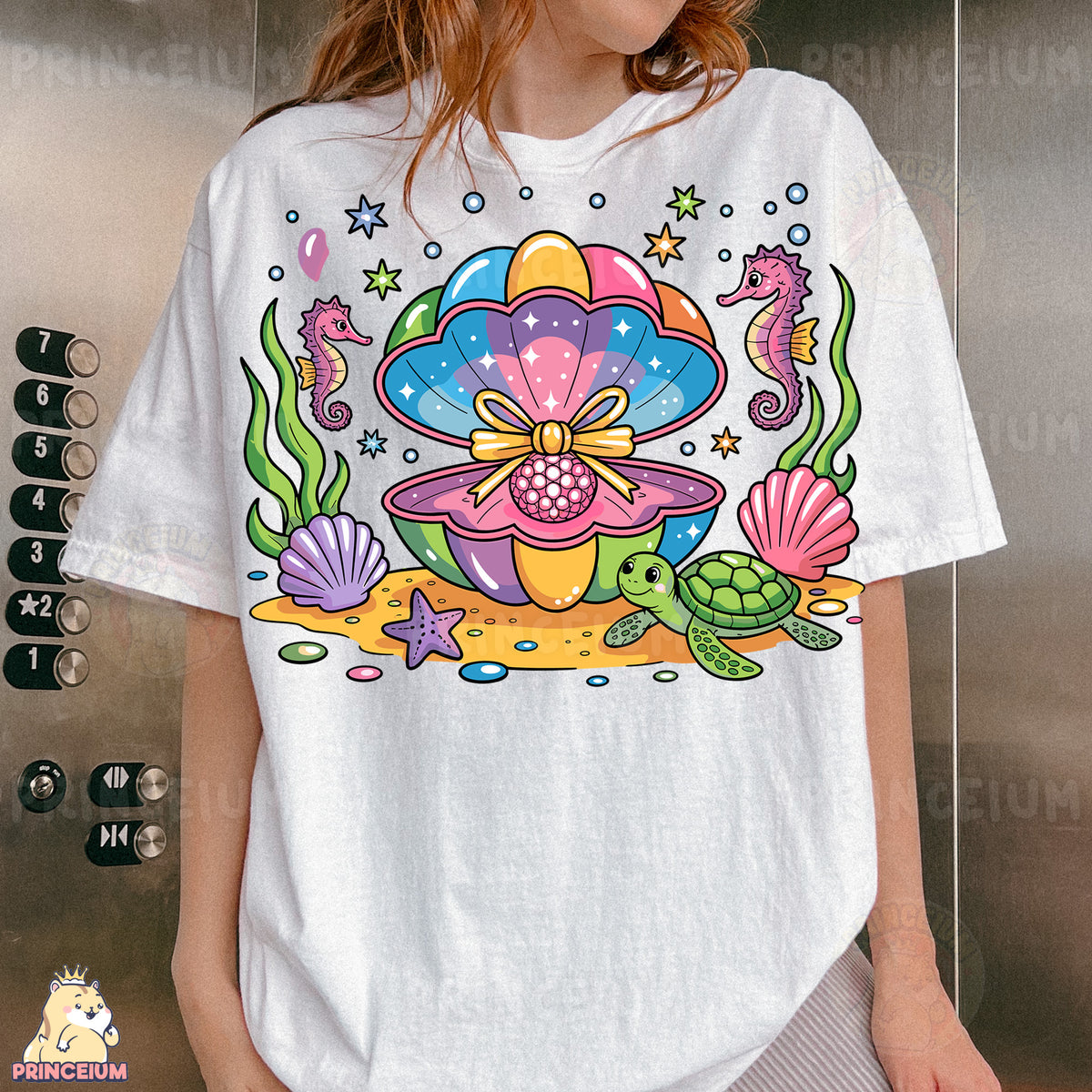 a woman wearing a t - shirt with an image of a turtle on it