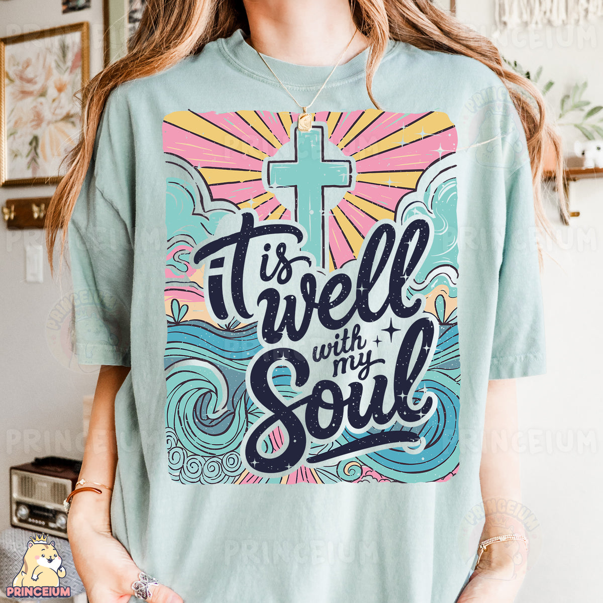 a woman wearing a t - shirt with a cross on it