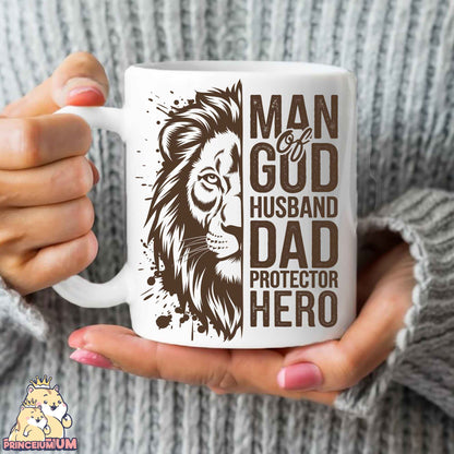 a woman holding a coffee mug with a lion on it