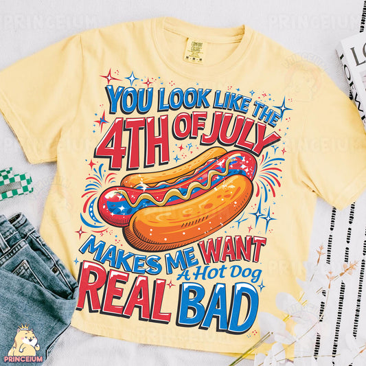 a yellow shirt with a hot dog on it
