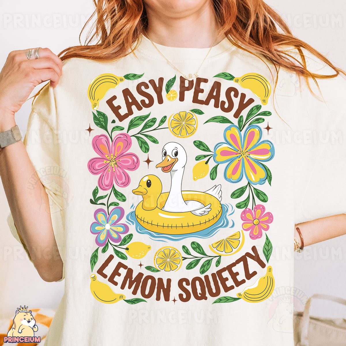 a woman wearing a t - shirt with a picture of a duck on it