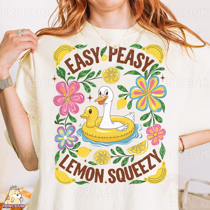 a woman wearing a t - shirt with a picture of a duck on it