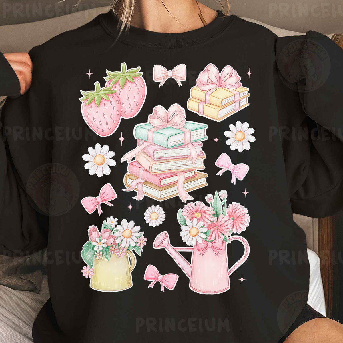 a woman wearing a black shirt with pink flowers and strawberries on it