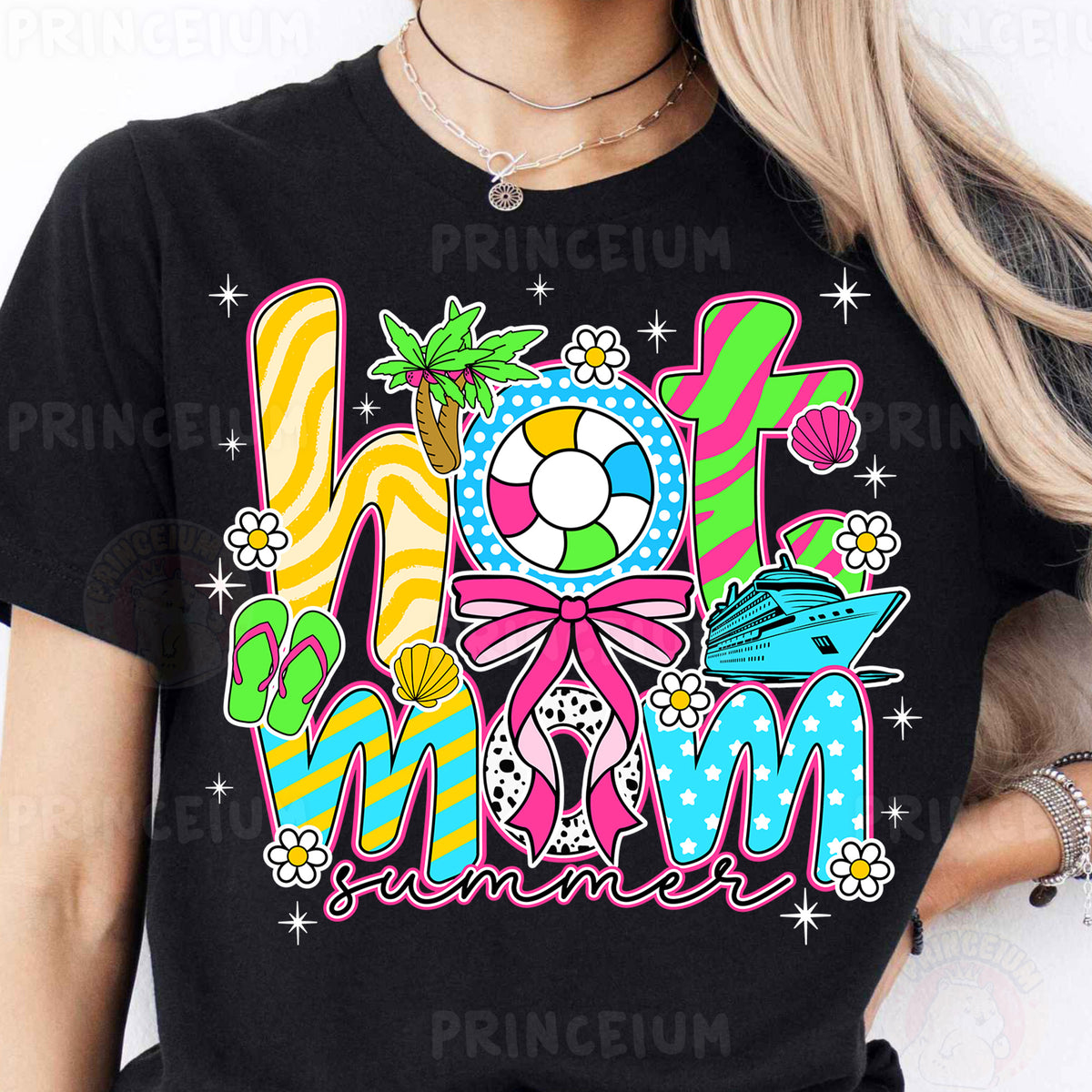 a woman wearing a black shirt with the word miami on it