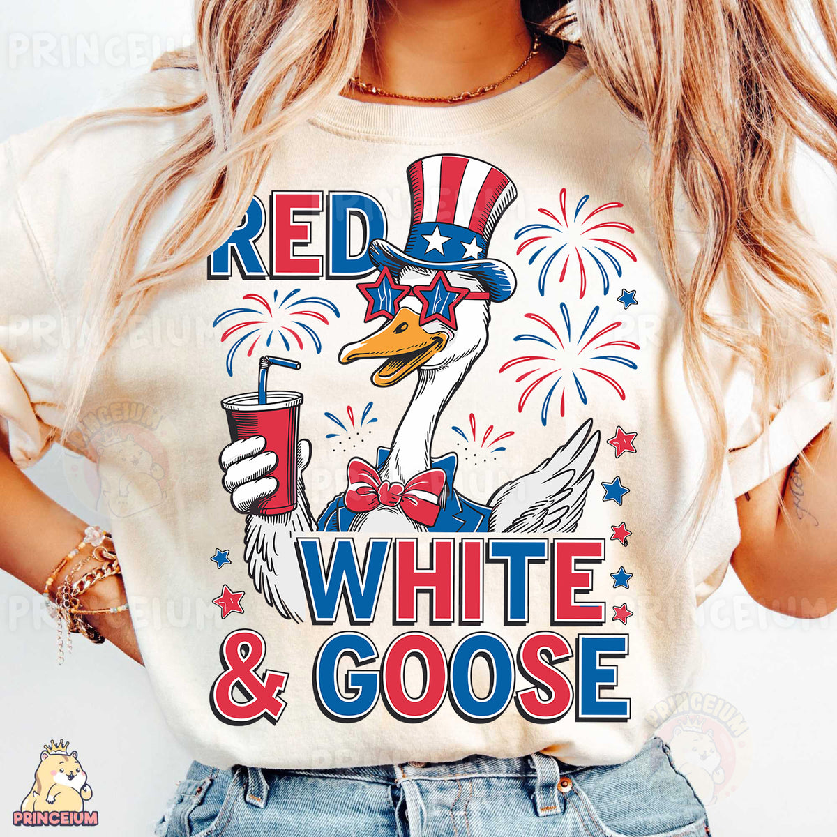 a woman wearing a red white and goose shirt
