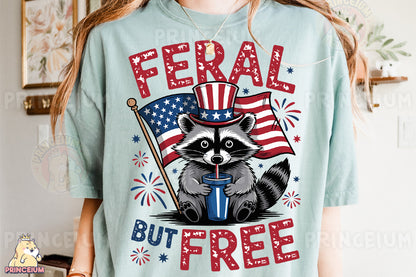 a woman wearing a t - shirt with a raccoon wearing a top hat