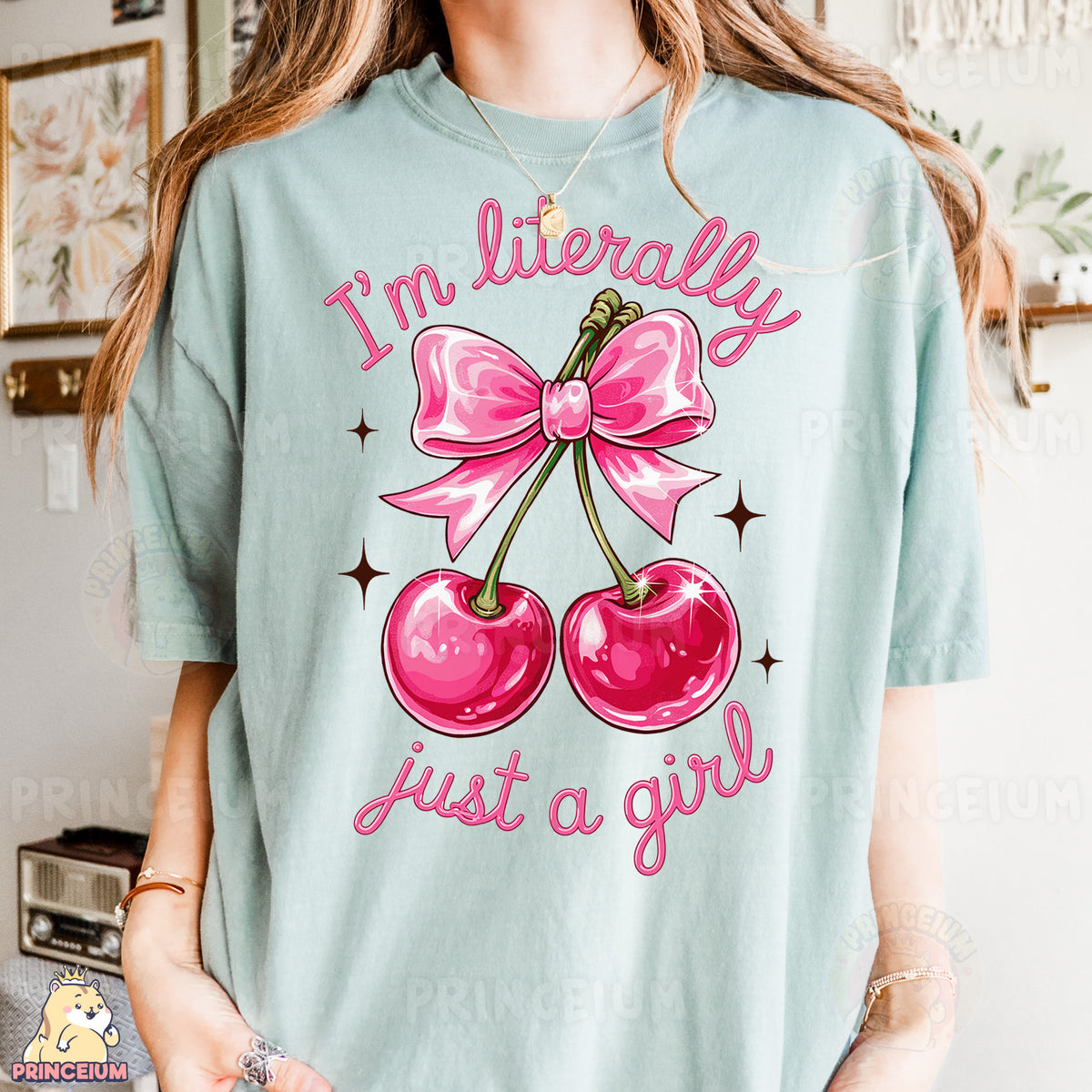 a woman wearing a t - shirt that says i'm literally just a girl