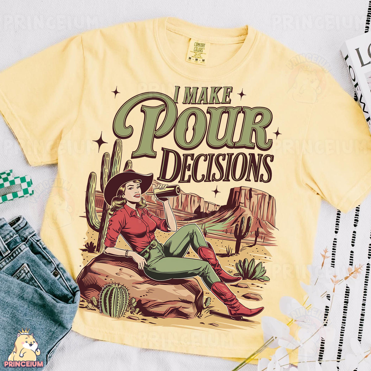 a t - shirt with a picture of a woman sitting on a log