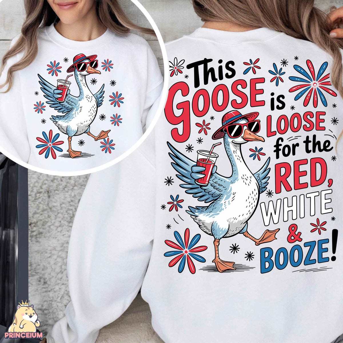 a woman wearing a white shirt with a goose on it