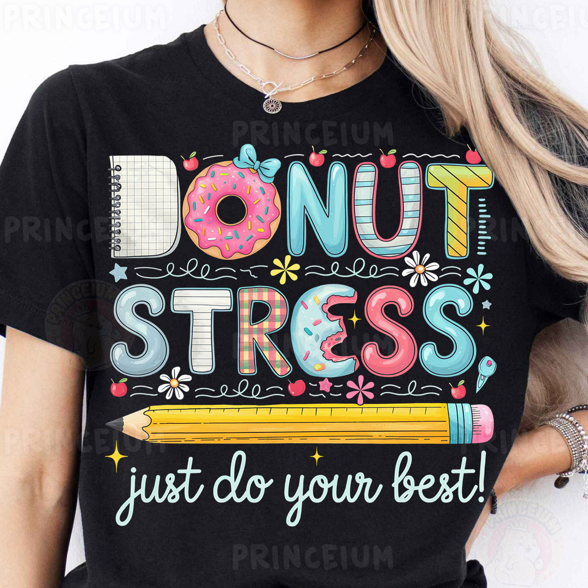 a woman wearing a donut stress t - shirt