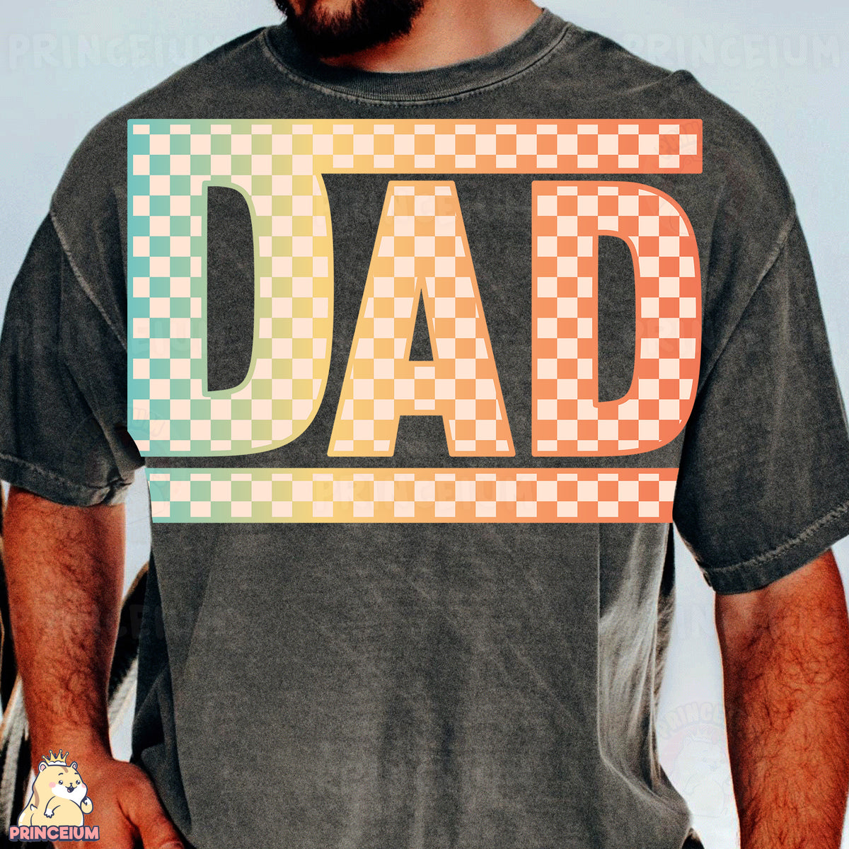 a man wearing a t - shirt with the word dad printed on it