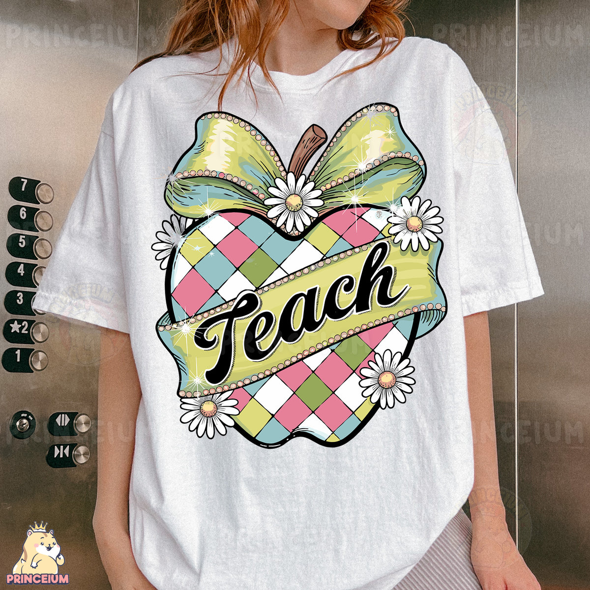 a woman wearing a white t - shirt with a checkered heart and a bow