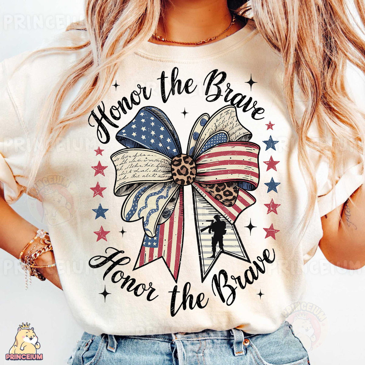 a woman wearing a t - shirt with an american flag bow