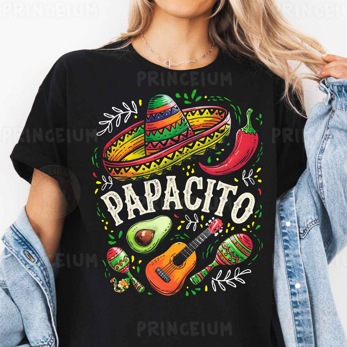 a woman wearing a black t - shirt with a mexican design