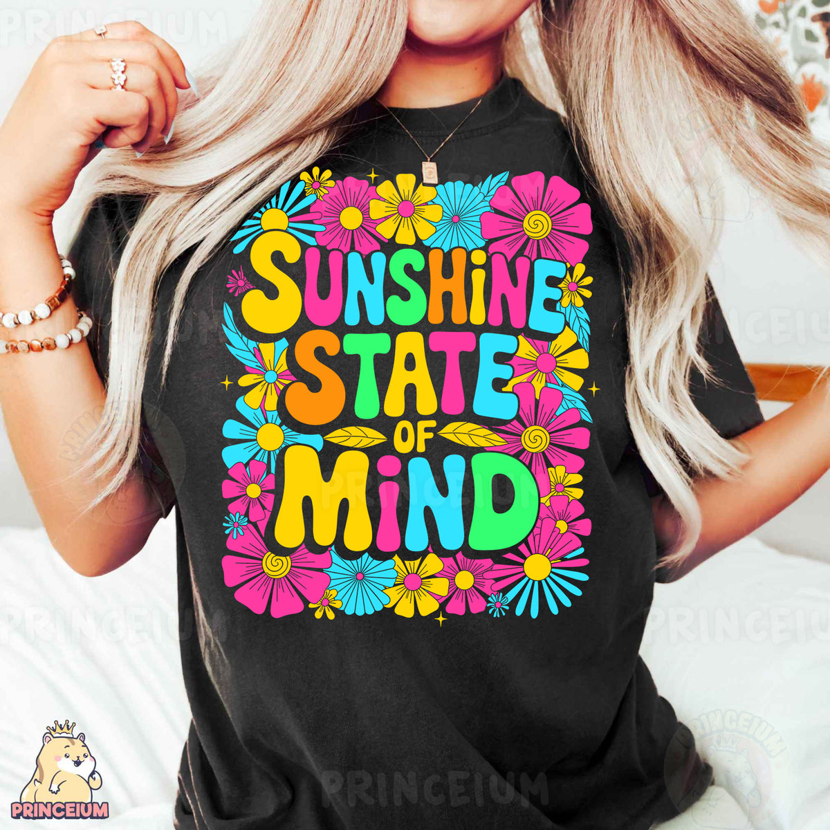 a woman wearing a black shirt that says sunshine state of mind